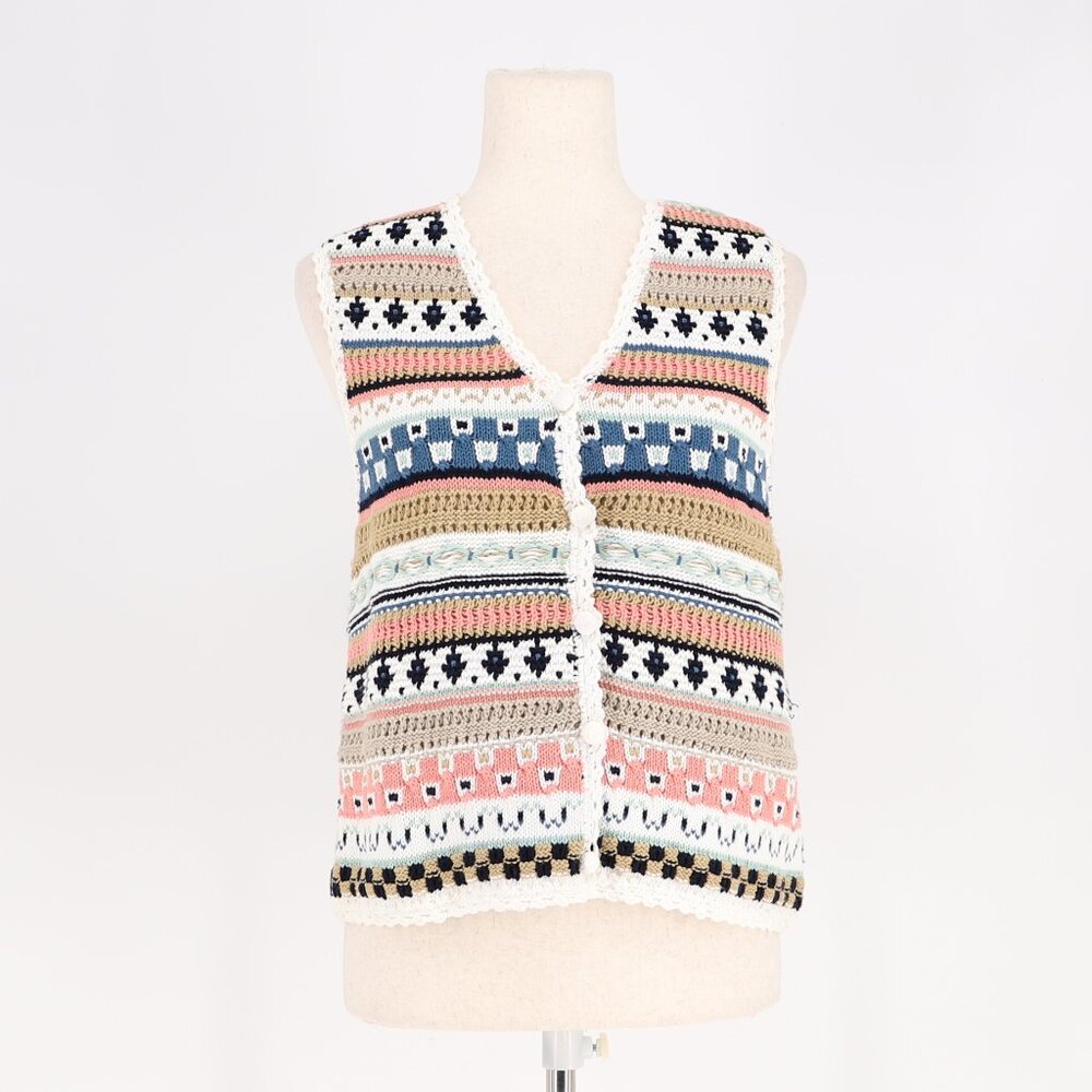 VINTAGE LIZ SPORT Cotton Knit Multicolor Stripe V-Neck Sweater Vest Size S